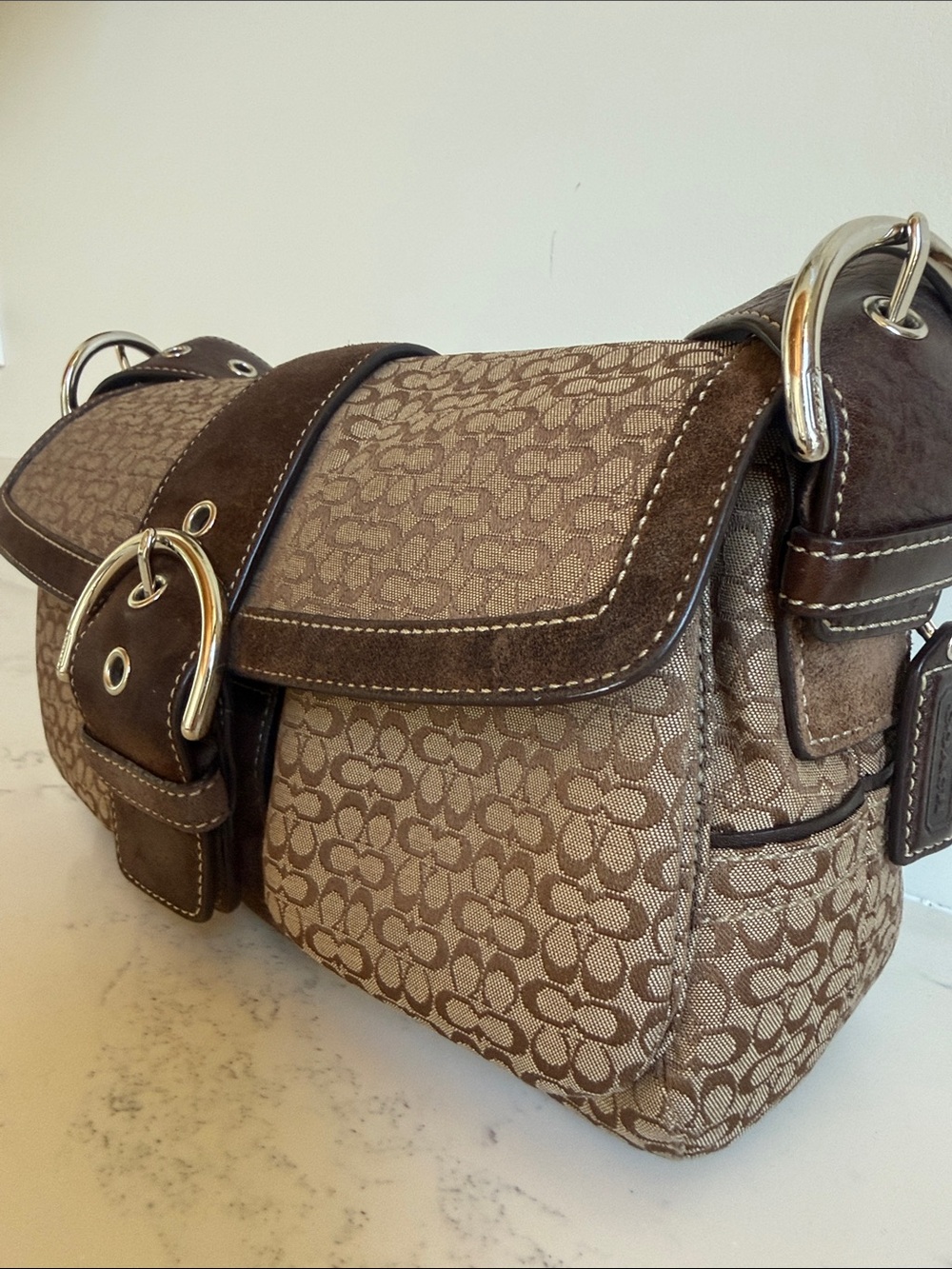 Vintage Coach Monogram Canvas With Brown Suede Soho Flap Signature Shoulder Bag - Picture 4 of 15
